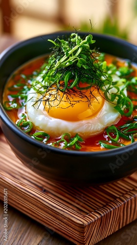 Traditional Japanese onsen tamago egg served in a savory broth