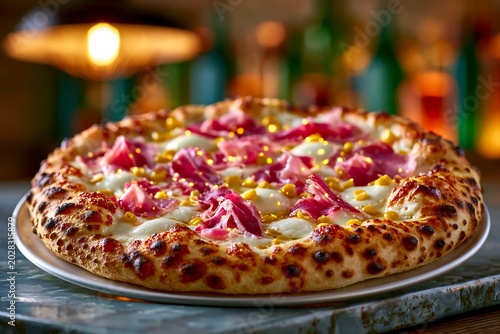 Gourmet panna mais pizza with prosciutto and corn in cozy restaurant