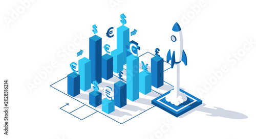 Isometric business growth rocket launch with financial data charts