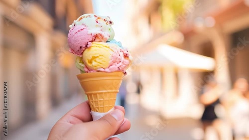 Enjoying a Cone of Colorful Ice Cream During Vacation in a Busy Street Generative AI