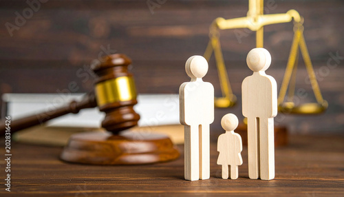Wooden family figures stand on a desk with a blurred judge's gavel, law books, and scales of justice, representing family disputes and legal protection