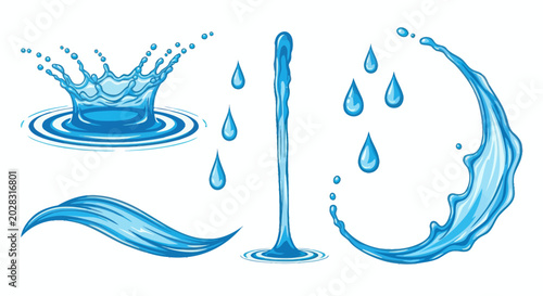 Fotografija Set of vector illustrations of blue water splash, drop, and wave elements