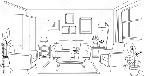Modern living room, interior design, vector illustration, line art, furniture set