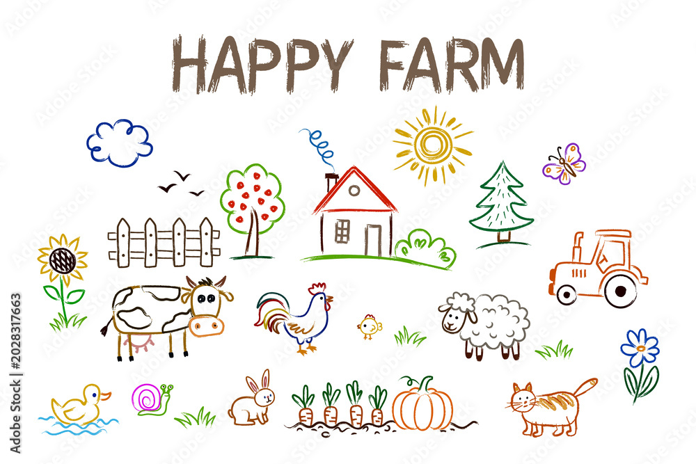 Fototapeta premium Kids crayon drawing of a happy farm. Vector set of cute countryside animals, house and tractor isolated on white background.