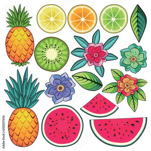 Summer Fruits Food Nature Set of 15 icons Isolated on white - Vector editable EPS
