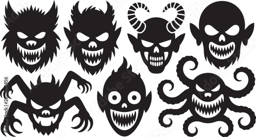 Schilderij op canvas Black monster faces, evil creature icons, scary heads, creepy silhouettes, 6 des