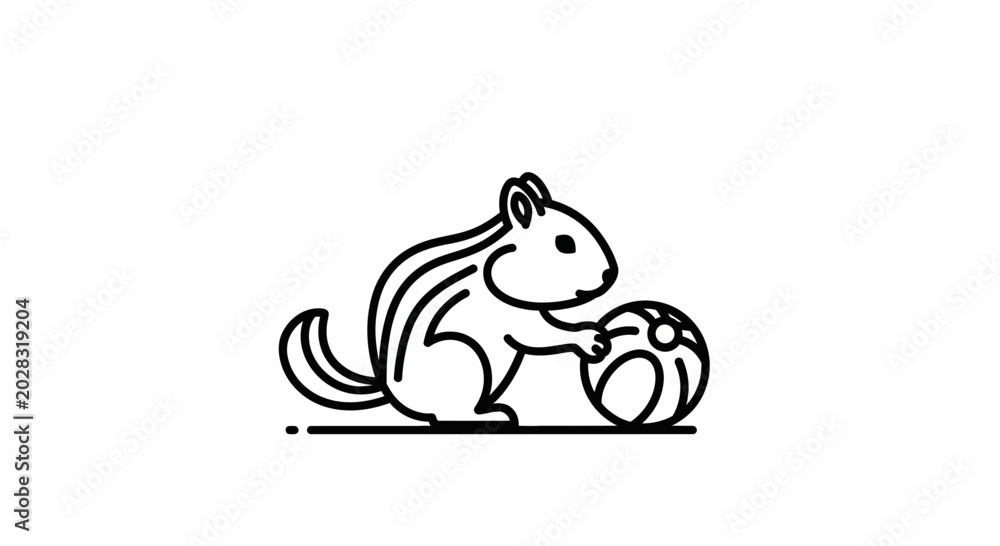Fototapeta premium Cute Chipmunk Playing with Ball Icon, Vector Illustration, Line Art