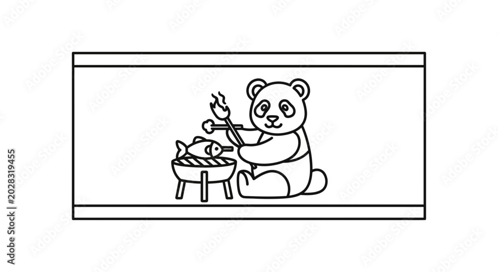 Obraz premium Cute Panda Bear Grilling Fish on Barbecue, Cartoon Style