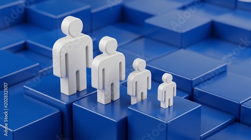 Abstract 3d render of four white human figures standing on blue cubes representing growth hierarchy and scale in business or social context.