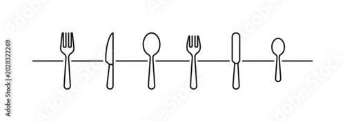 Foto Outline icons of various cutlery including forks, smooth knives, and spoons, connected by a horizontal line