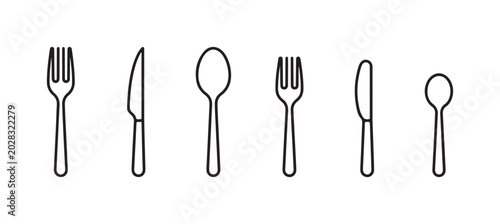 Foto Outline icons of various cutlery including forks, smooth knives, and spoons arranged in a horizontal line