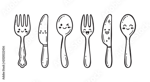 Cuadro en lienzo Expressive hand-drawn kawaii cutlery set with joyful and winking faces, featuring forks, knives, and spoons in a playful doodle style