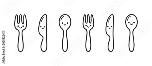 Schilderij op canvas Minimalist hand-drawn kawaii cutlery set with simple happy faces, featuring forks, knives, and spoons in a clean doodle style