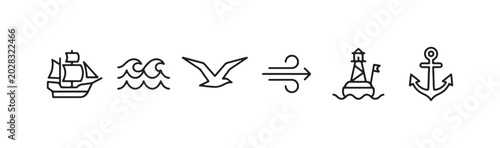 Nautical and Marine Icons Set with Sailboat, Waves, Seagull, Wind, Lighthouse, and Anchor