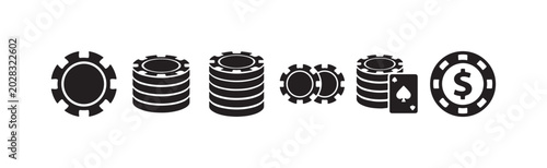 Konstfotografi Assorted black and white casino poker chips, showing stacks, single chips, a spade symbol, and a dollar sign