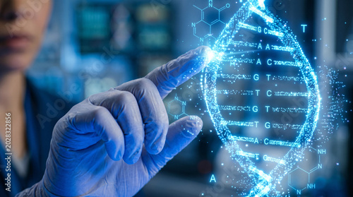 Gloved hand touches glowing DNA helix. Blue light illuminates genetic sequence details. Scientist focuses intently on digital biomolecular structure