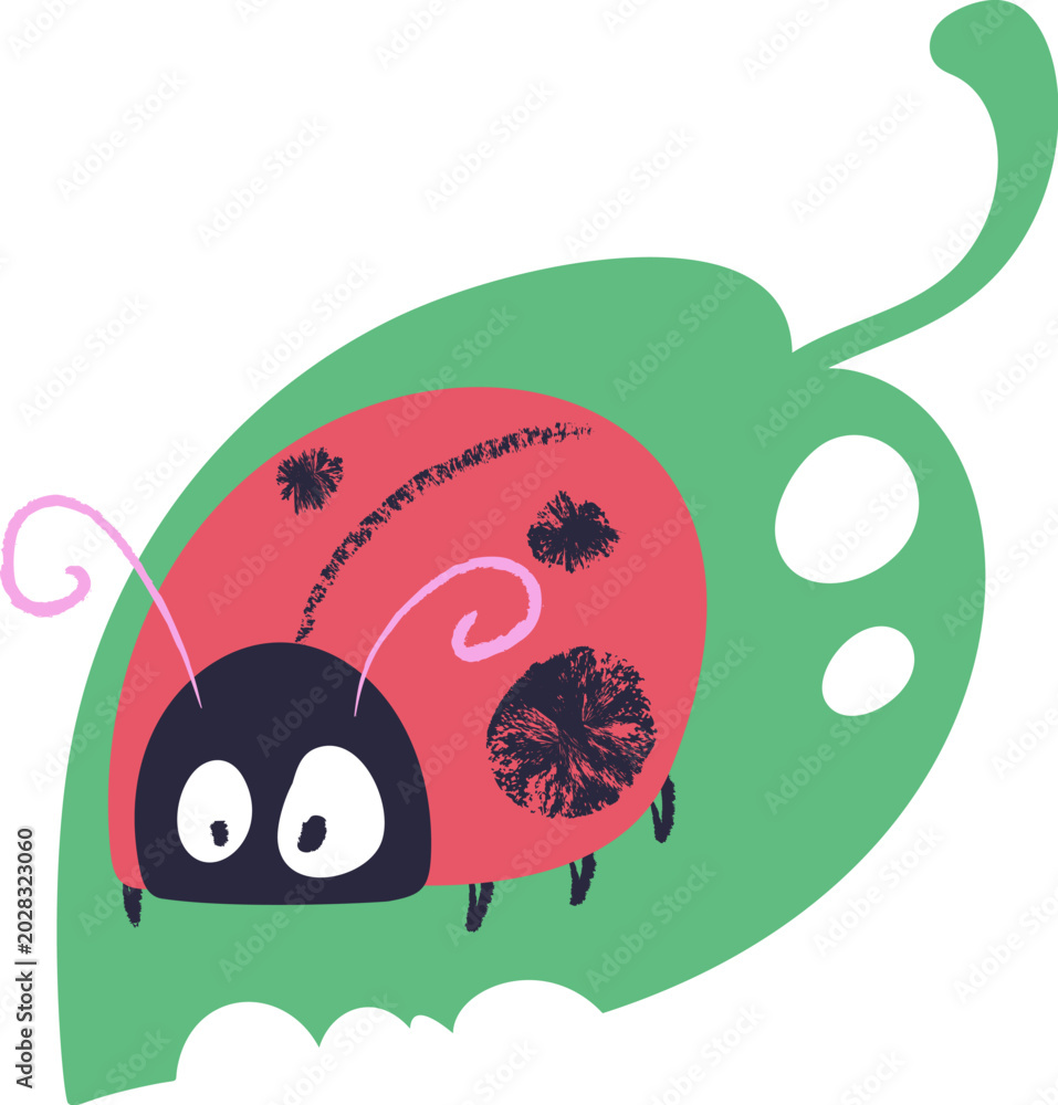 Obraz premium Ladybug On Leaf Cartoon