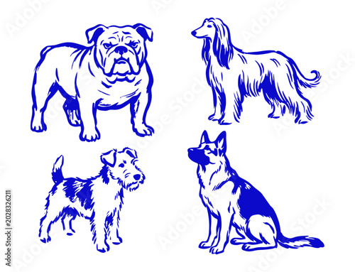 Dogs in Different Poses Brush Sketch Set – Hand Drawn Canine Collection, Artistic Pencil Illustration Vector Pack