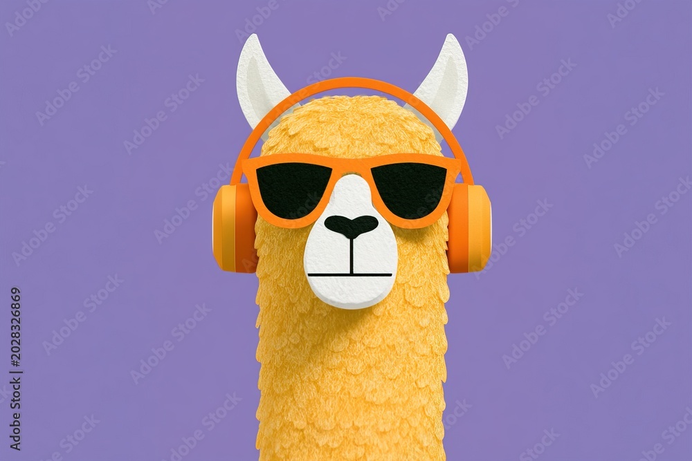 Fototapeta premium Cool llama wearing headphones and sunglasses on a vibrant purple background