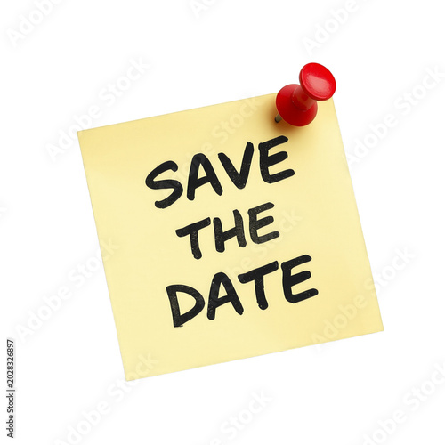 Obraz na płótnie A yellow sticky note with save the date text on transparent background