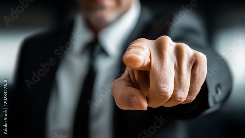 Professional businessman, man in a formal suit wearing a necktie points his finger directly at the viewer, camera in this high quality and sharp close up photograph