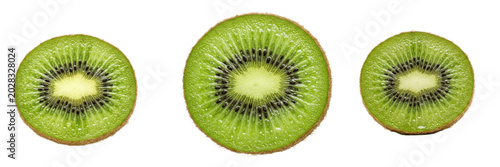 Foto A set of fresh kiwi fruit slices isolated on white background, vibrant green cro