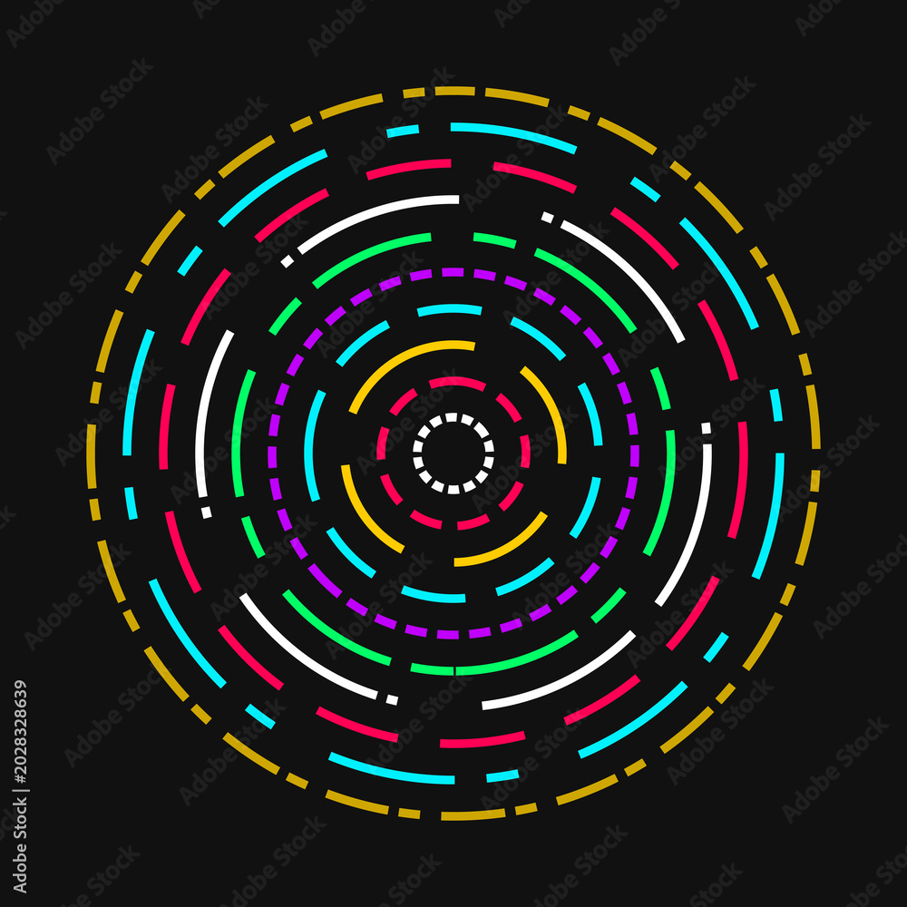 Fototapeta premium Futuristic digital technology concept with colorful concentric dashed circular rings over a solid black illustration