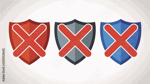 Foto shield icons with red x marks flat vector illustration on a light gray backgroun