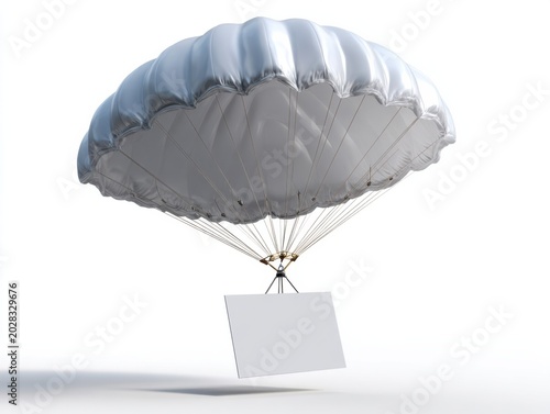 White parachute carrying blank hanging board, minimal 3d