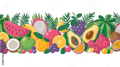 Foto Tropical fruit border illustration with watermelon dragon fruit avocado and lush