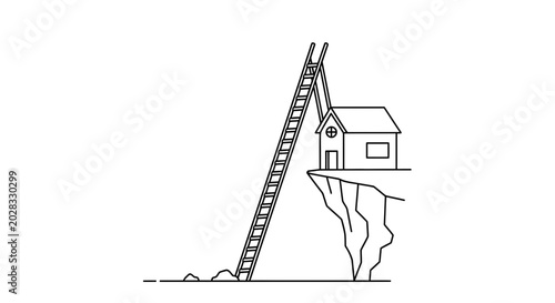 House on cliff edge with ladder, risk, danger, precarious situation, precarious living