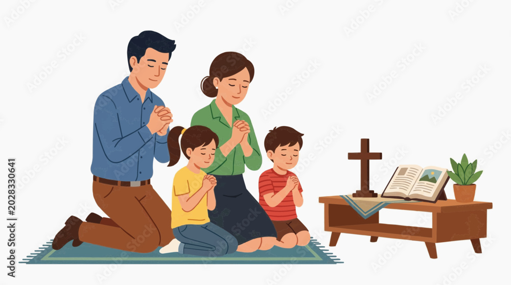 Fototapeta premium A family of four praying together in front of a small altar with a Bible and a cross. They are kneeling on a rug, with their hands clasped and eyes closed