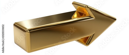 Gold metallic arrow three dimensional icon on white background