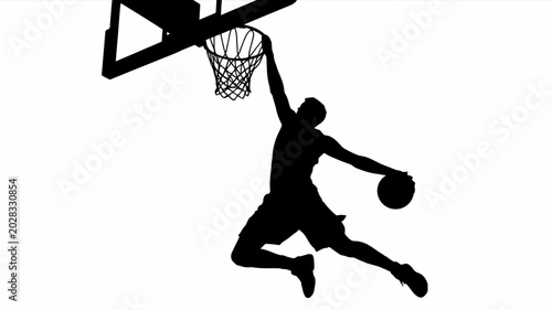 Schilderij op canvas basketball player silhouette dunking on hoop against a white background
