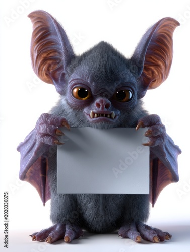 Cartoon bat creature three dimensional character holding blank card