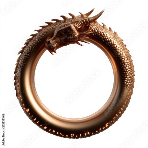 Bronze dragon ouroboros ring sculpture with engraved symbols