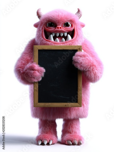 Pink furry monster character holding blank chalkboard with frame