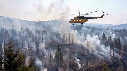 Firefighting helicopter flying over burning coniferous forest. Emergency response to wildfire in mountainous wilderness area. Aerial tracking shot.