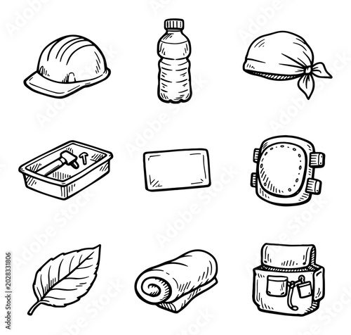 Construction and outdoor concept icons with helmet, water bottle and knee pad for presentation design in sketch illustration style