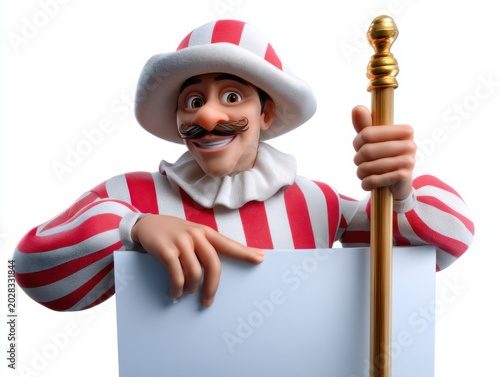 Striped jester character with staff holding blank board, 3d style