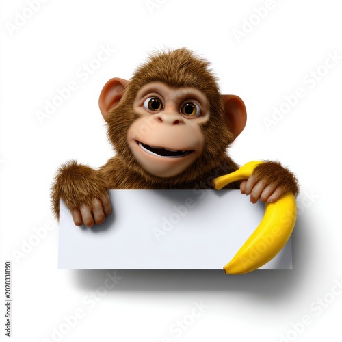 Cartoon monkey holding blank sign with yellow banana prop, 3d