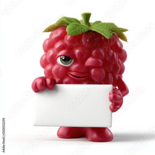 Red raspberry cartoon mascot holding blank white sign in three dimensional