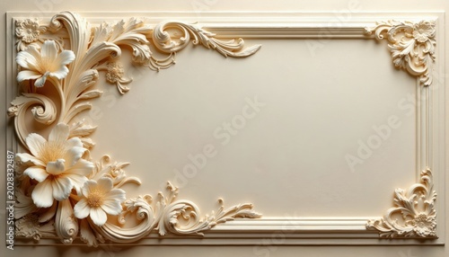 Cream beige floral ornament carved relief. Intricate ornate swirls leaves and flower petals create elegant decorative pattern. Classic luxury stucco design.