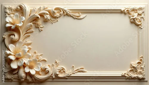Obraz Cream beige floral ornament carved relief. Intricate ornate swirls leaves and flower petals create elegant decorative pattern. Classic luxury stucco design.