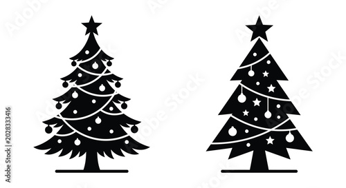 Two decorated christmas tree silhouettes with star and ornaments on white background silhouette