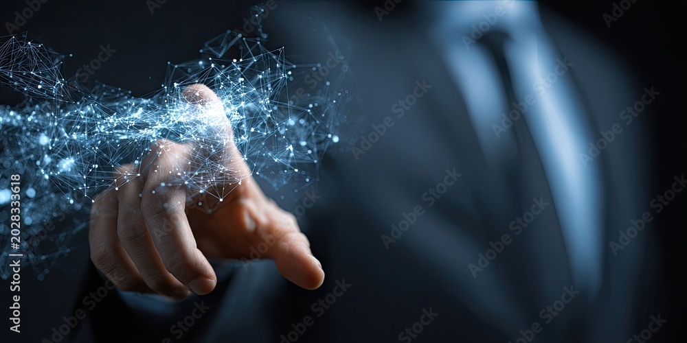 Fototapeta premium Hand interacting with glowing digital network of light particles