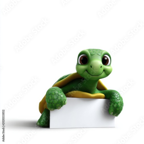 3d green cartoon turtle holding blank white sign friendly pose