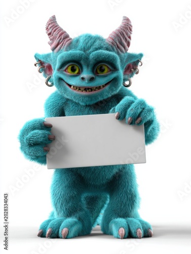 3d blue furry monster cartoon holding blank white sign with horns