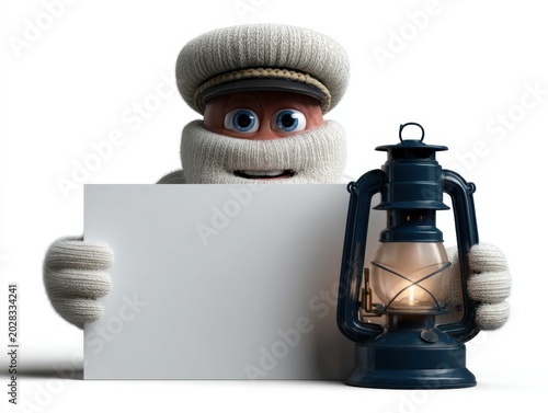 Cartoon woolen sailor character holding white sign and blue lantern
