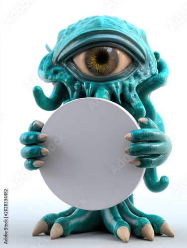 Turquoise tentacled cyclops creature holding round white sign